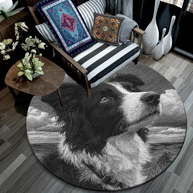 Border Collie Round Area Rug,Carpet Rug for Living Room Bedroom Sofa Playroom Decor,Non-slip Floor Mat