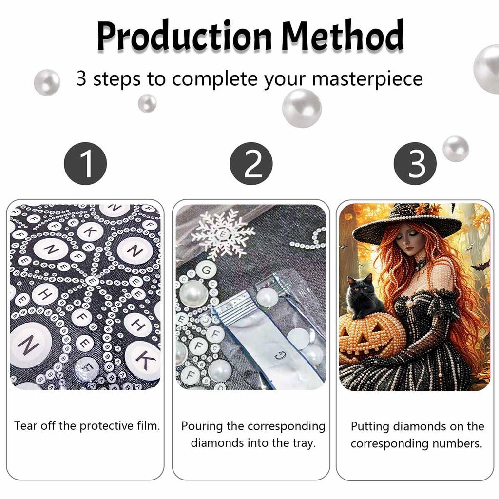Halloween pearl painting art full pearl handmade diy home decorations witch with black cat and pumpkin ornament
