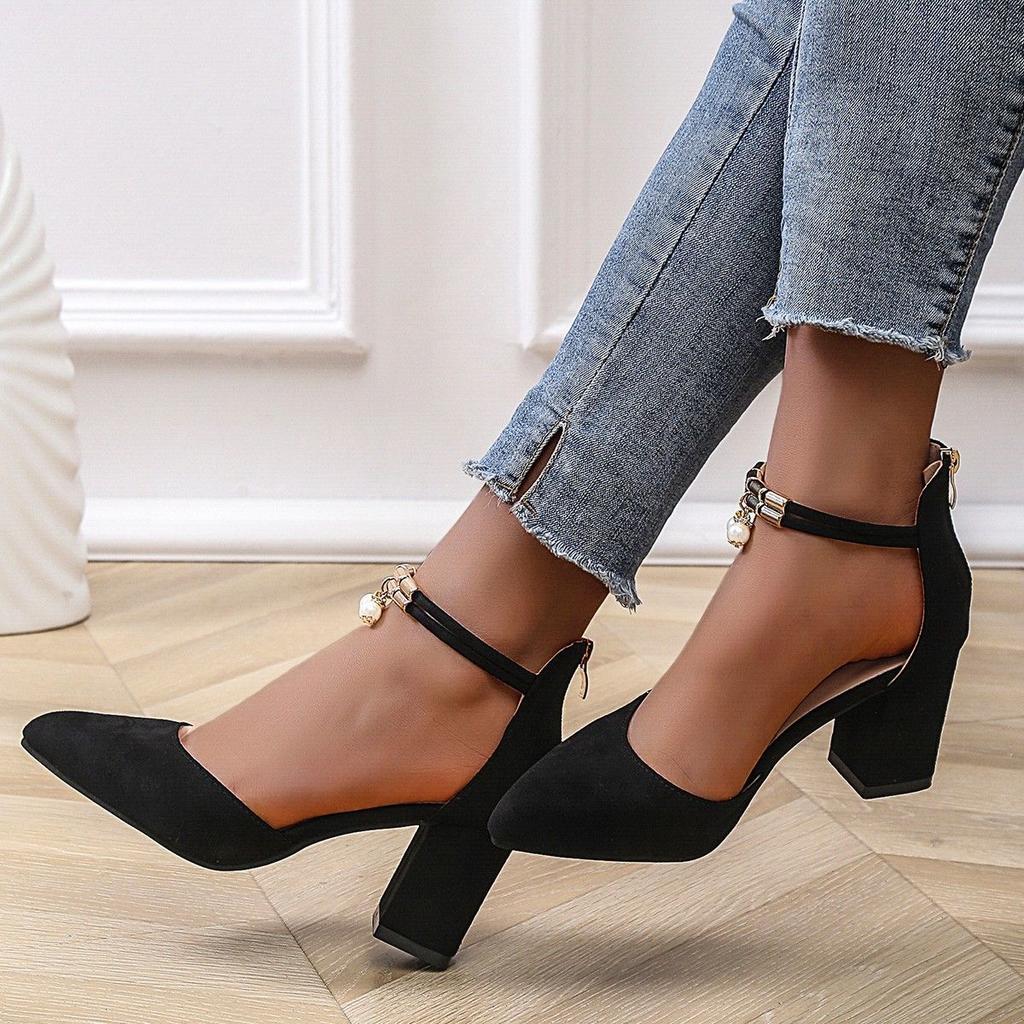 2025 Spring New Fashion High Heels Women's Shoes Versatile Thick Heel Shoes Pointed Student Bag Head Women's Sandals