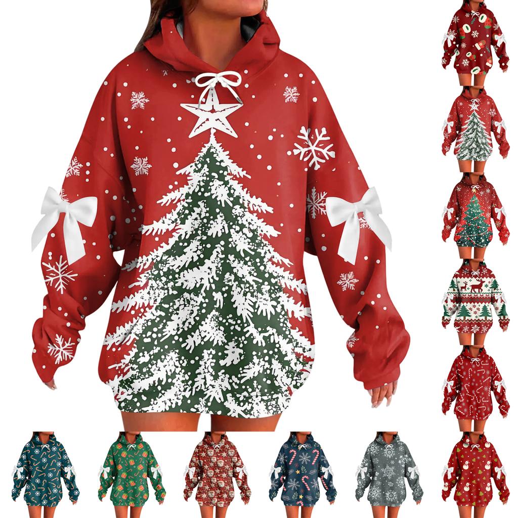 Женский рождественский с принтом банта, с длинными рукавами, свободного кроя, повязка на голову с веревкой, худи-топ с капюшоном