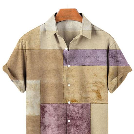 Short Sleeves Lapel Men Shirt Geometric Print Buttons Closure Sweat Absorbent Breathable Casual Striped Hawaiian Print Shirt Streetwear