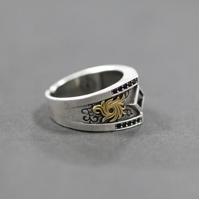Adjustable Open Ring Men Women Sterling Vintage Knight Style Geometric Design With Square Rivet Detail