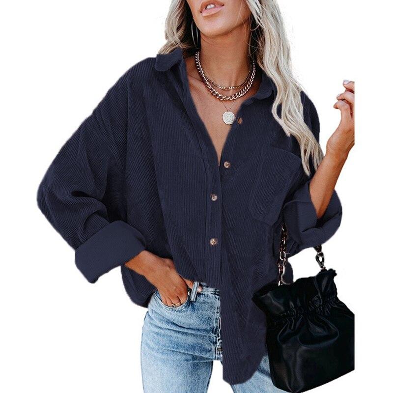 Хлопковая Повседневная вельветовая блузка женская в полоску размера плюс женская рубашка-куртка винтажная пуговица с карманом свободные модные блузки топы 17787