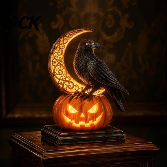 Lighted Desktop Night Light Halloween Pumpkin Dragon Statue, LED Glowing Resin Figurine Fantasy Crystal Statue with Warm Light, Spooky Desk