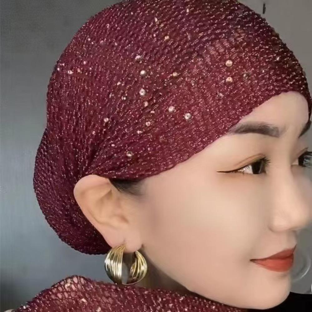 1pc New Full Cover Bonnet Hat Elastic Breathable Headscarf Cover White Hair Rhinestone Headwear Gift