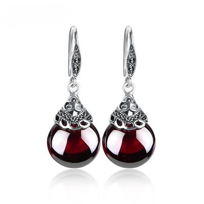 POMOiii Ретро 100% стерлингового серебра 925 пробы круглые серьги-капли с гранатом для женщин натуральный красный драгоценный камень рубин ювелирные изделия лучшие подарки