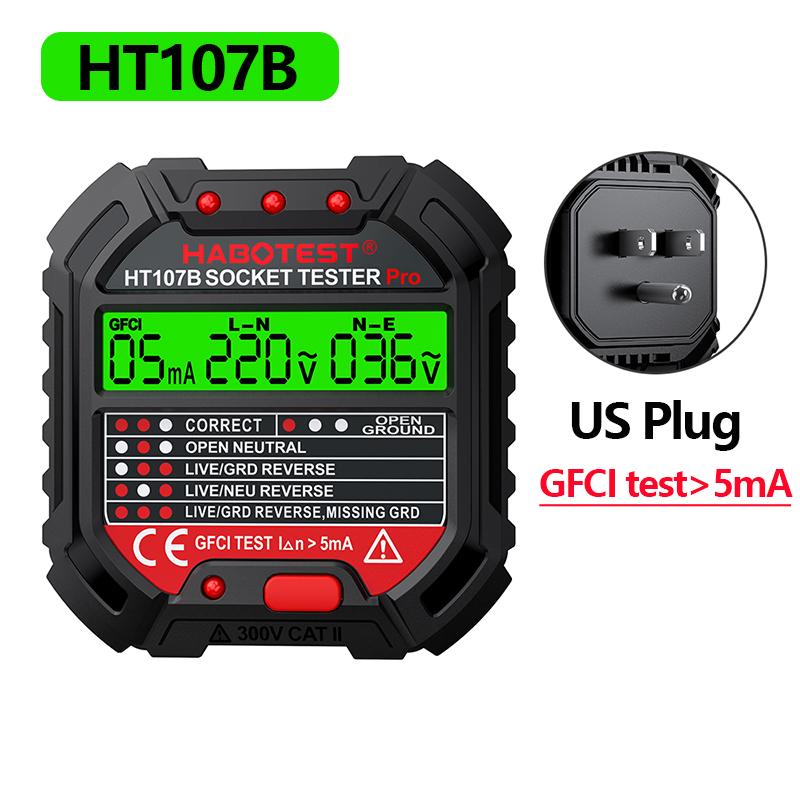 HT106 HT107 Socket Tester Pro Voltage Test Digital Outlet Socket Detect US/UK/EU Plug Ground Zero Line Plug Polarity Phase Check 6