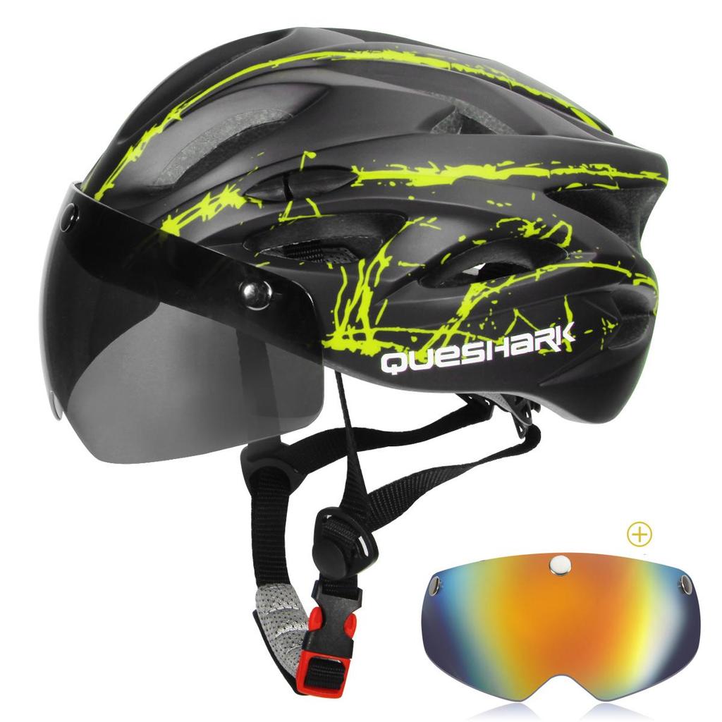 Queshark Ultralight Cycling Helmet with Goggles Bicycle Safety Cap Motorcycle Riding MTB Road Bike Helmet+Removable Yellow/Colorful Lens