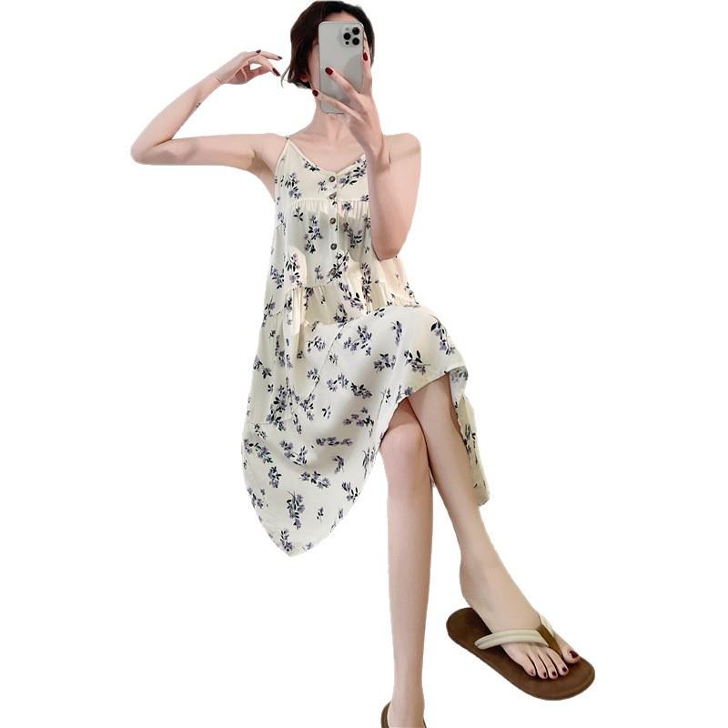 Pajamas for women's summer small men wear drapes, high-end suspenders, long vacation skirts, spring and autumn cotton and silk skirts