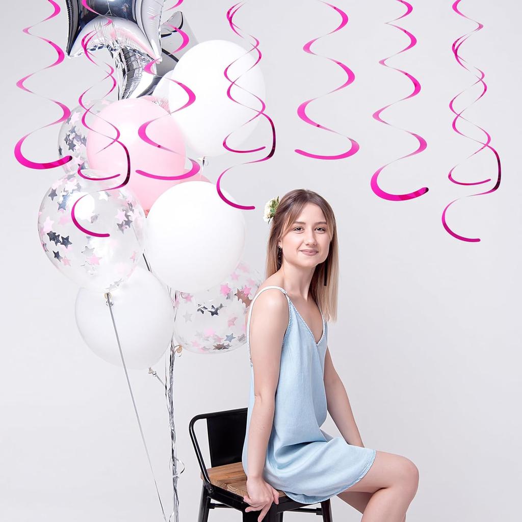Fumwase 30 PCS Party Swirl Decorations Hot Pink Shinny Foil Hanging Swirl Decorations with Double-Swirls and Single-Swirls Plastic Streamer for