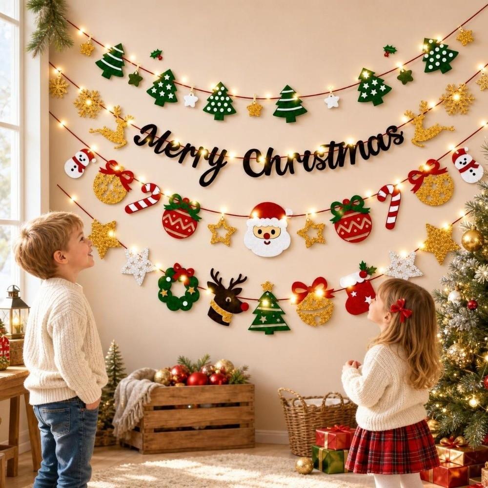 Warm Light Wall Hanging Banner Cartoon DIY Pull Flag Christmas Luminous Banner Christmas Party