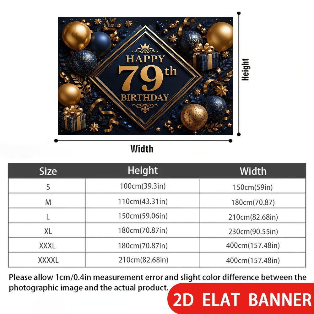 2D Flat Banner, 79th Birthday Backdrop, Golden and Blue Balloons, Gift Boxes, Decorative Foliage