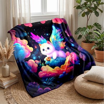 Fairy Cat with Colorful Wings Theme Blanket Lightweight Warm Flannel Blanket Decorative Throw Blanket for Home Decoration