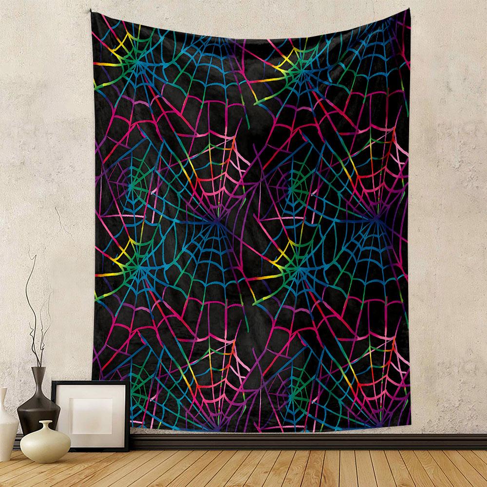Colorful Spider Web Pattern on Black Background Patterned Tapestry Decorative Wall Hanging, Home Bedroom Living Room Decor