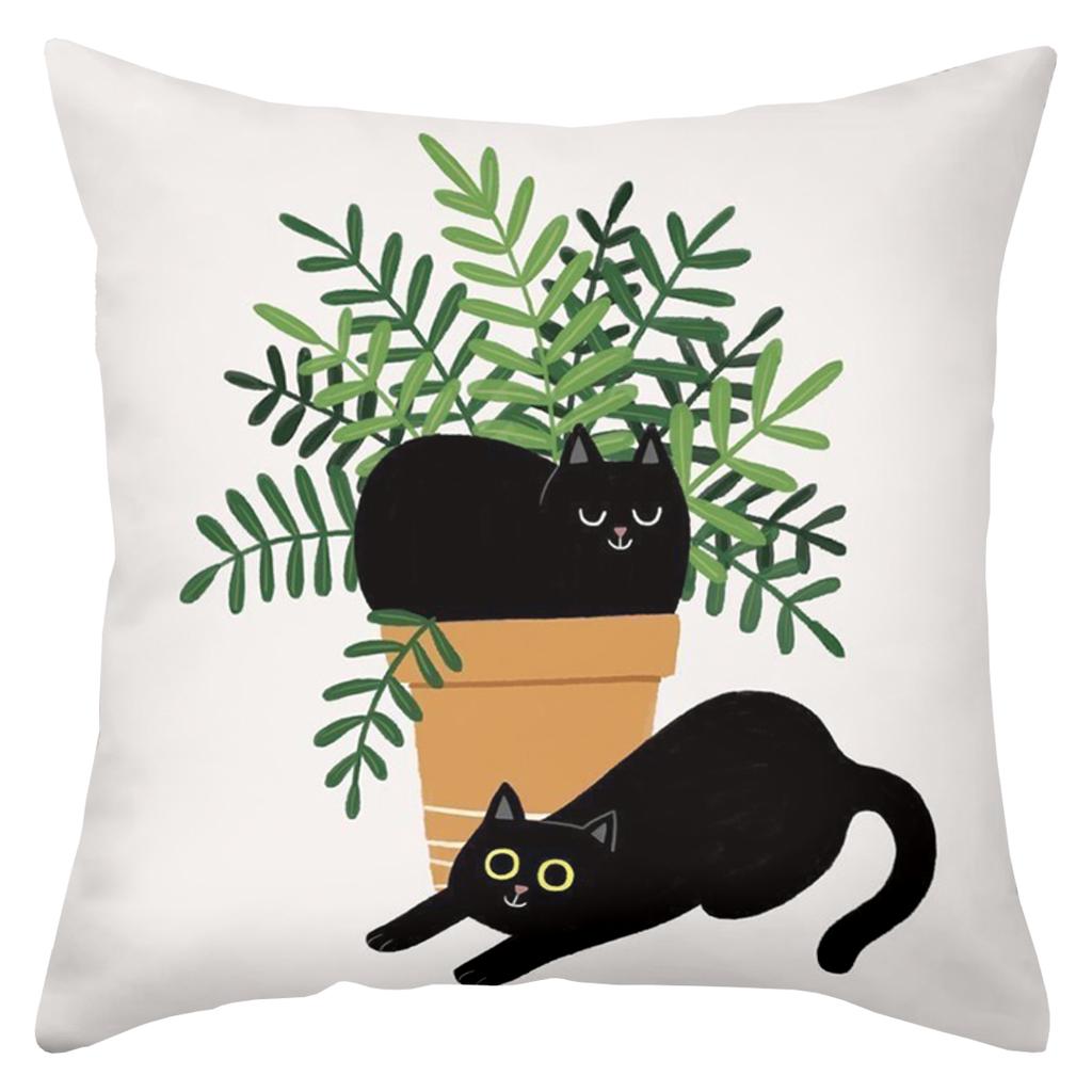 Black Cat with Potted Plants Pattern Decorative Throw Pillow Cover Printed Polyester Sofa Cushion Case for Cute Pet Home Decor