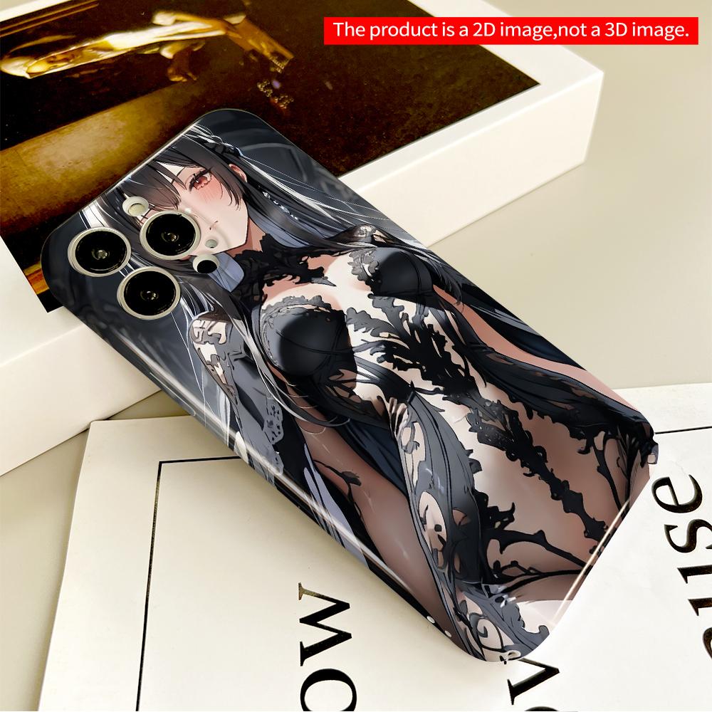 2DFlat Elegant Black Lace Dress Anime Girl Phone Case All inclusive film hard phone case, compatible with iPhone 18 Pro Max 17 16 15 14 13 12 11