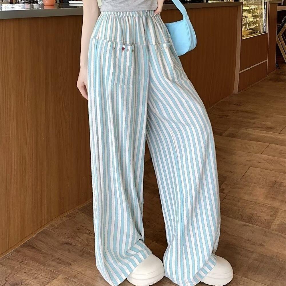 High Waist Wide Leg Pants Chic Straight Leg Pants Fashion Casual Stripe Long Pants Girls