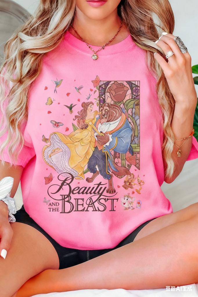 2025 New Summer Best Selling Short Sleeve Retro Beauty and The Beast Loose Breathable Tshirt Unisex Clothing
