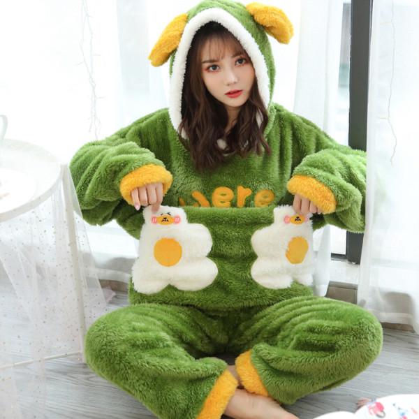 Женская фланелевая пижама с капюшоном и длинным ворсом - толстый, теплый флисовый костюм кораллового цвета для осени/зимы