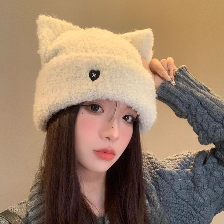 Шапки для женщин Вязаная милая шапка с кошачьими ушками Вязаная шерстяная шапка с вышивкой Love Зимняя теплая шапка для защиты ушей от холода