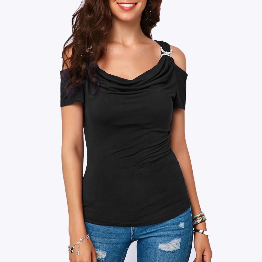 Женская повседневная рубашка с открытыми плечами и драпированным воротником, футболка с коротким рукавом