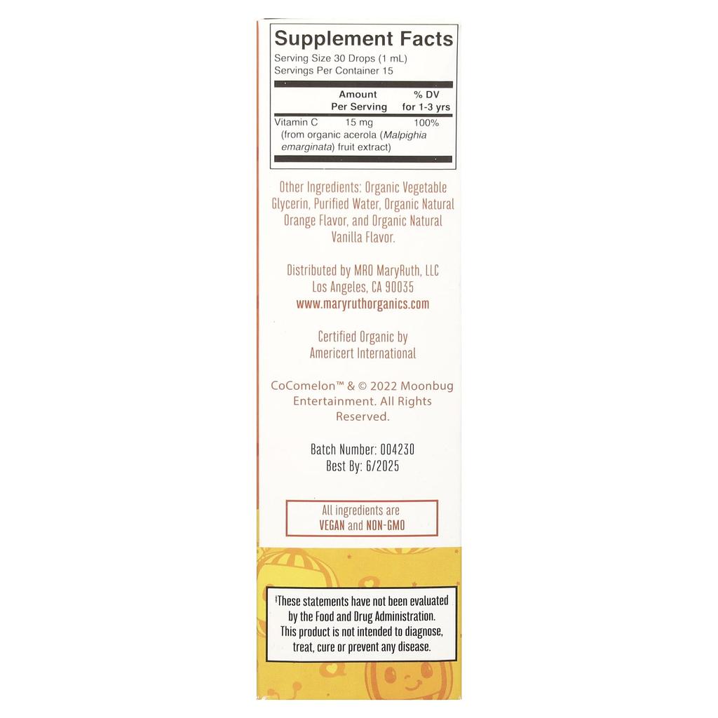 MaryRuth's Cocomelon, Жидкие капли витамина С для младенцев, Возраст 1-3 года, Апельсин-Ваниль, 15 мл (0,5 жидких унций)