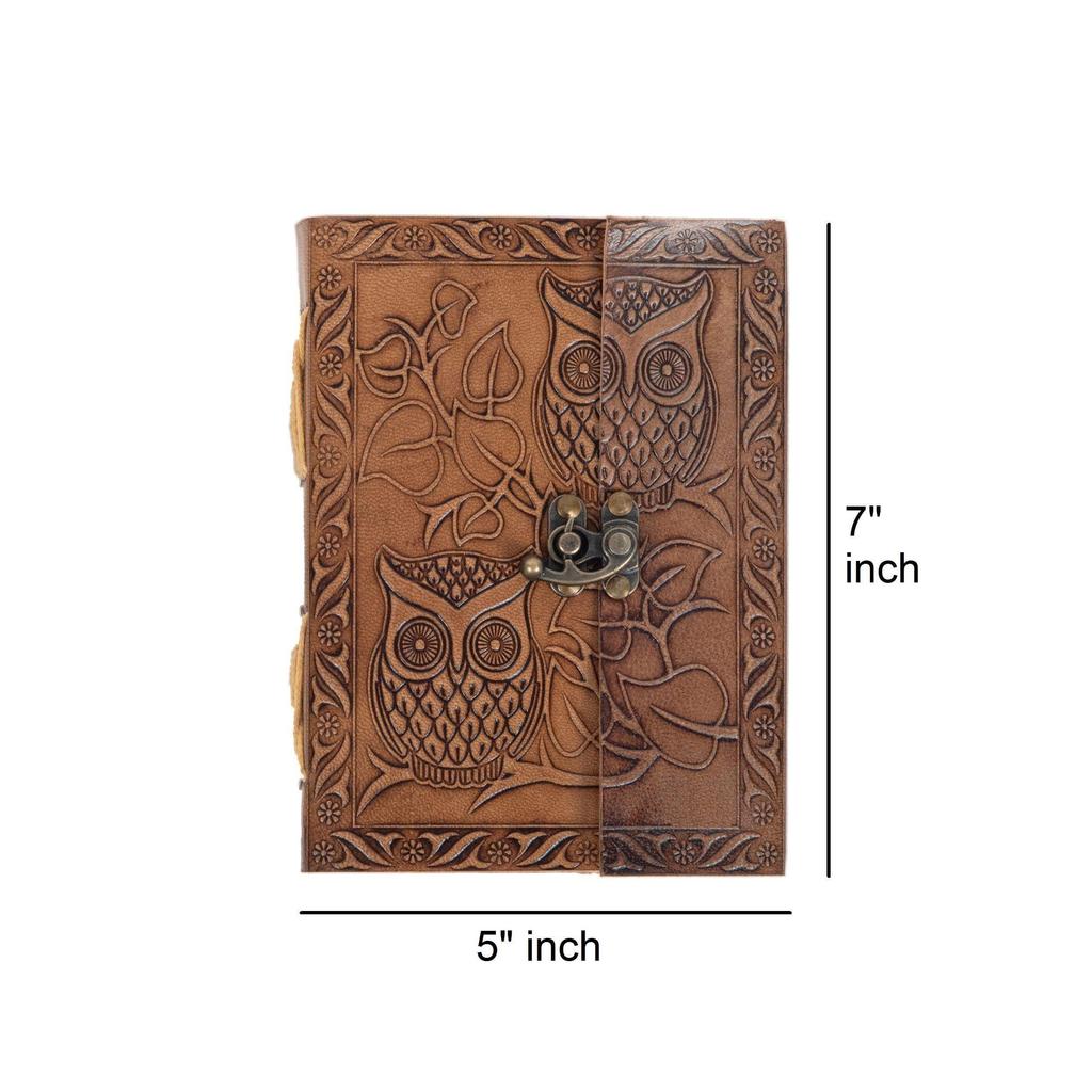 Owl Emboss Leather Journal Diary with Bronze C Lock, Vintage Leather Dairy. Size 5 X7 Inchs.