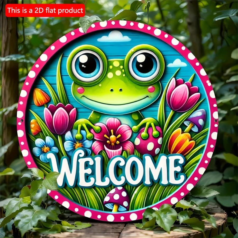 1 шт. 2d плоский деревянный знак - 20 см круглый приветственный знак с милой лягушкой и цветочной гирляндой для декора входной двери, металлический венок знак для домашнего сада