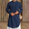 Men's Cotton Linen Kaftan Long Sleeve O-Neck Robe Solid Color Button-up Collar Thobe Breathable