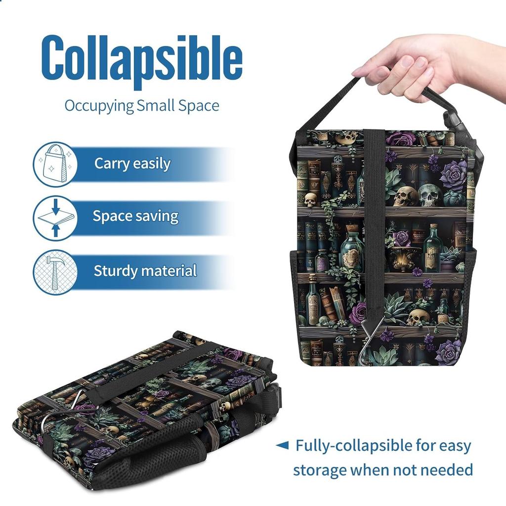 Gothic Witchy Skull Floral Car Trash Can with Lid Collapsible Reusable Waterproof Car Garage Bag,Automotive Garbage Can,Car Accessories Interior Car