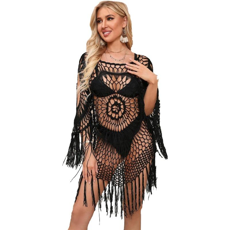 1 Pcs Swimsuit Coverup for Women Sexy Sheer Mesh Boho Design Tassels Beach Bikini Swimsuit Cover Up Dress