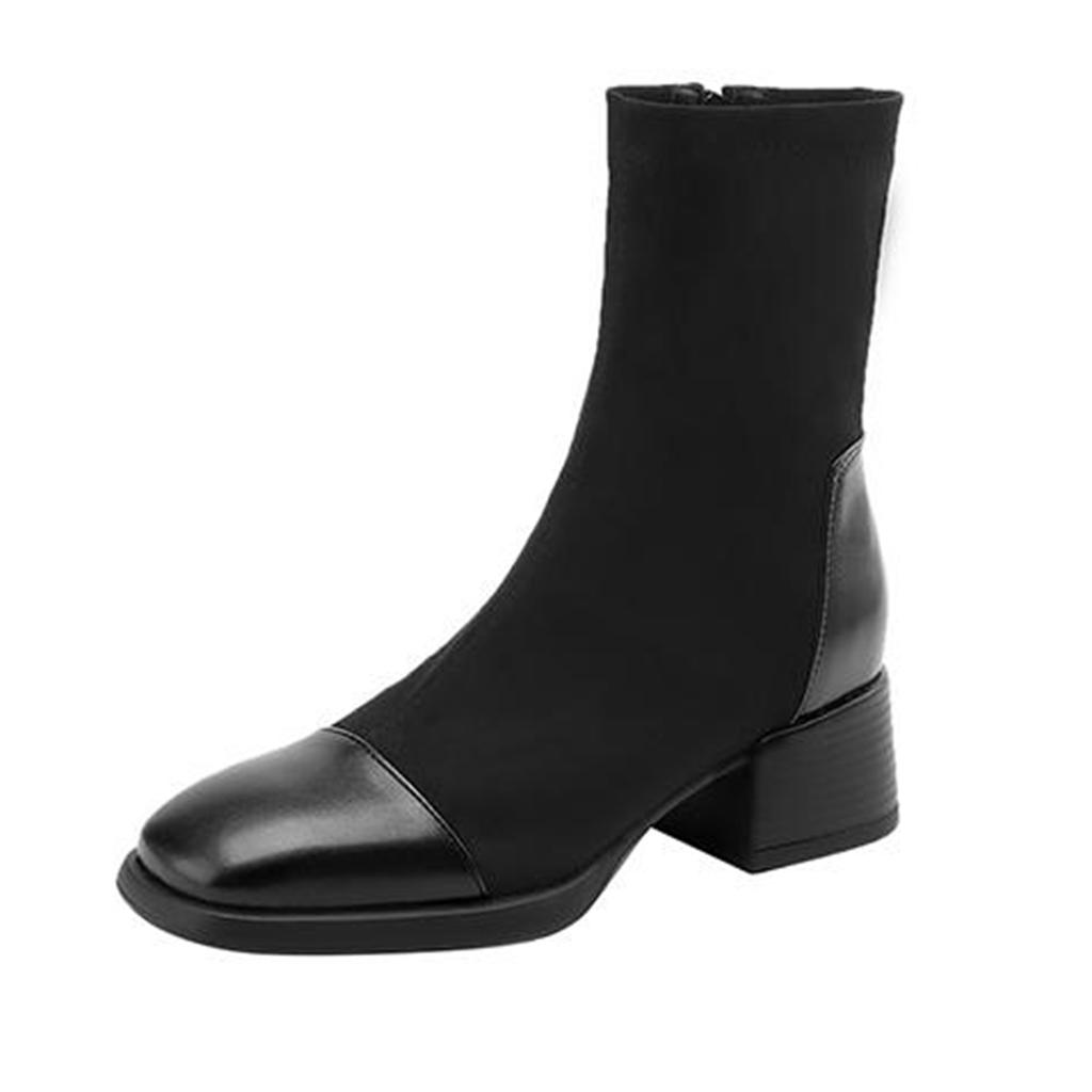 Krazing Pot Flock Autumn Winter Shoes Motorcycle Boots Round Toe Keep Warm Thick Bottom Zipper Stretch Ankle Boots