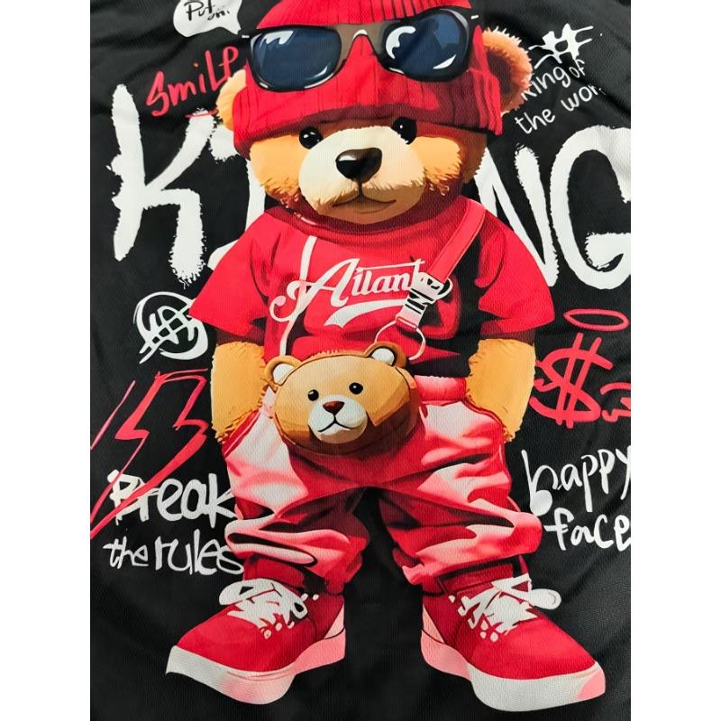 Men's Hip Hop Bear T-Shirt Cool Teddy Bear Wearing Sunglasses Red Hat Graphic Printed Short Sleeve Casual O-Neck Streetwear Tee Tops Men Clothing