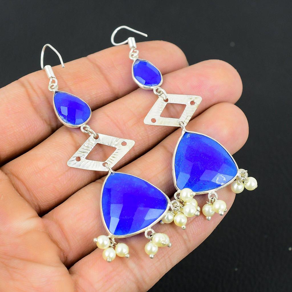 Natural Blue Saphire Gemstone Drop/Dangle Earrings 925 Silver For Women