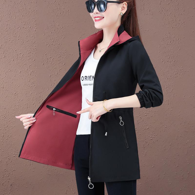 Women's Double-Sided Mid-Length Hooded Trench Coat with Detachable Elastic Waist and Zipper Pockets for Spring and Autumn