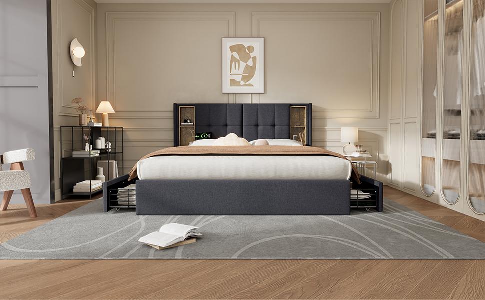 Double Bed with Wireless Charging USB C & 4 Drawers, Upholstered Bed Frame 160x200cm, Wooden Slatted Frame-Grey Linen (With Mattress)