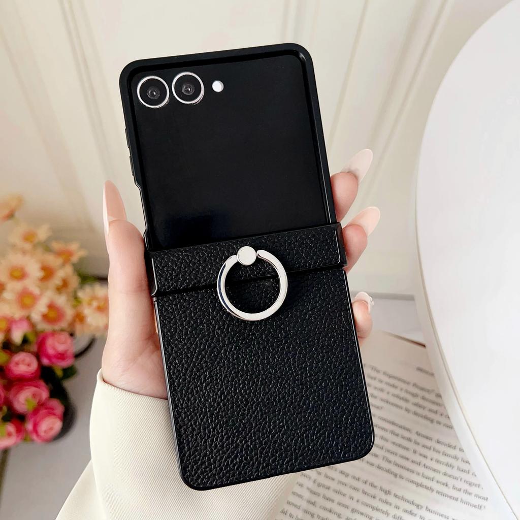 High-end Busine Sle Litchi Texture Leather Foldable Phone Case for Samsung Galaxy Z Flip 7 6 5 4 3 Ring Holder Protection Cover
