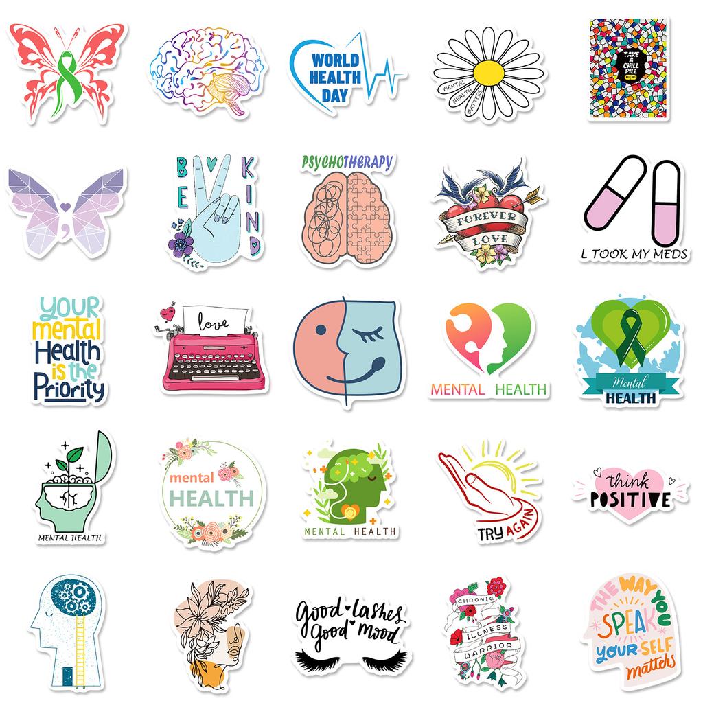 50 шт. наклейки для психического здоровья, новые наклейки для психического здоровья, каракули, наклейки для скейтборда, гитары, оптовая продажа