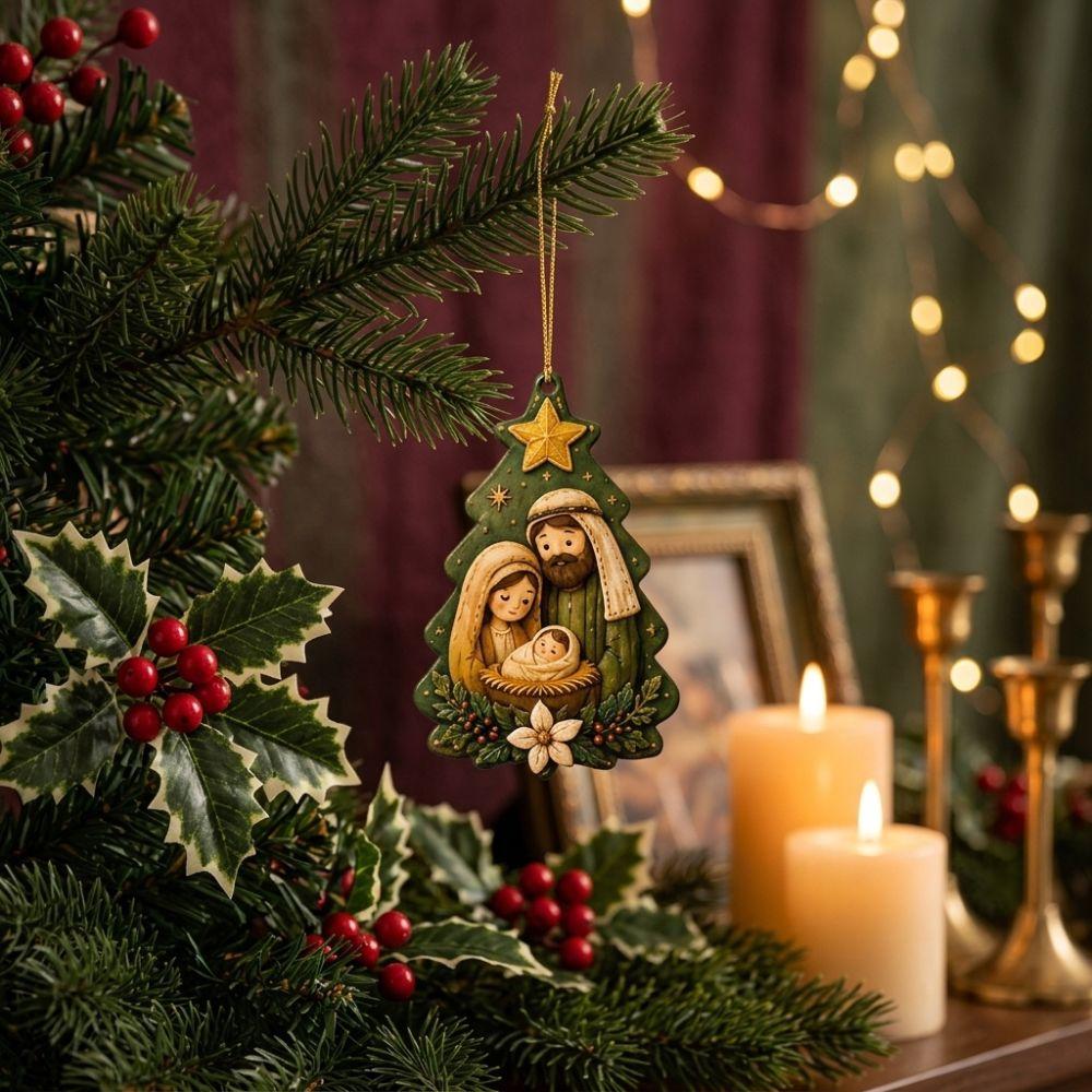 15Pcs Painted Wooden Nativity Ornaments Set Tree-Shaped Religious Christmas Decor Garden Decoration