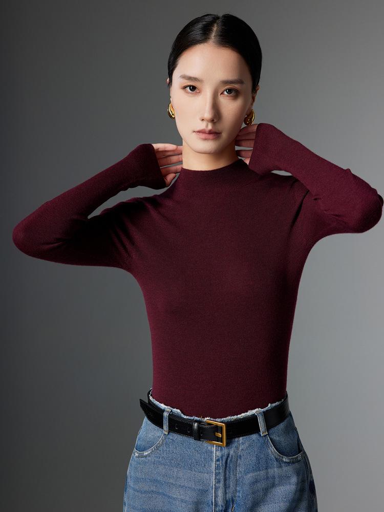 Women's 100% Fine Spun Wool Seamless Sweater, Half-High Neck, Pure Wool Base Layer for Autumn/Winter