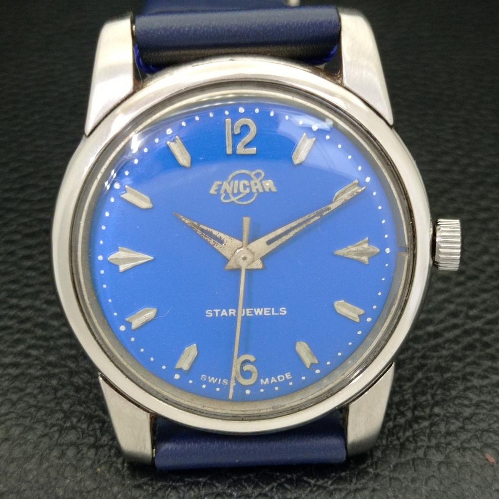 Б/у ENICAR STAR JEWELS ШВЕЙЦАРСКИЕ МУЖСКИЕ ЧАСЫ С РУЧНЫМ ЗАВОДОМ С СИНИМ ЦИФЕРБЛАТОМ A431425-2 R107-a431425
