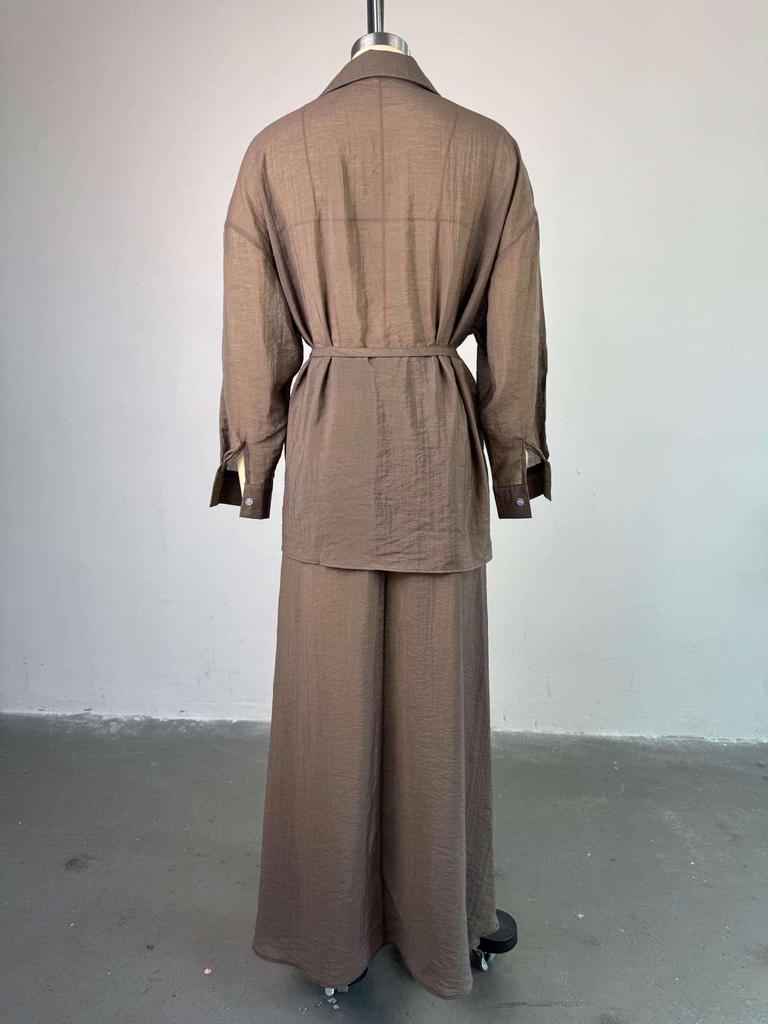 Мода Весна/Лето 2025 для Женщин Европы и Америки: Комплект: свободная рубашка с отложным воротником и длинным рукавом и юбка-миди с высокой талией