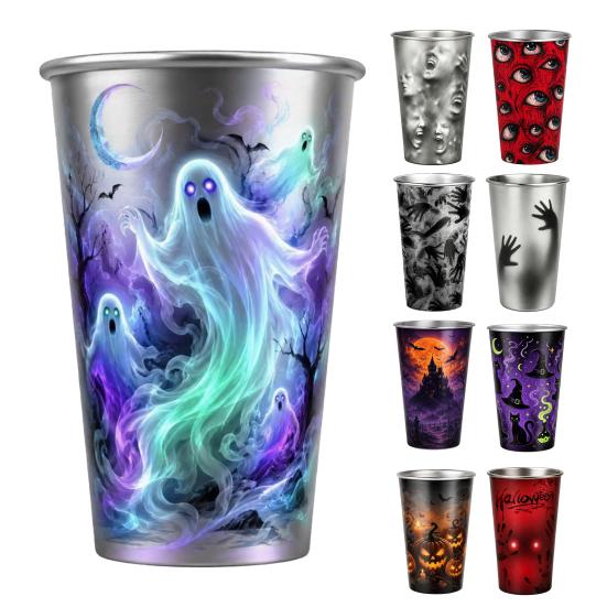 Decorative Metal Water Cup Color-Changing Halloween Cup, Stainless Steel Horror Tumbler for Hot Cold Activated Magic Drinks, Reusable Party