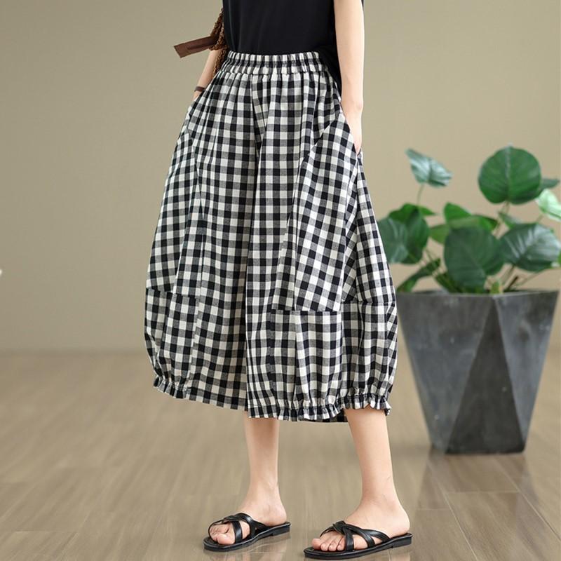 Винтажные клетчатые брюки больших размеров с высокой талией, повседневные, свободные, летние, с широкими штанинами, крест-накрест, женские