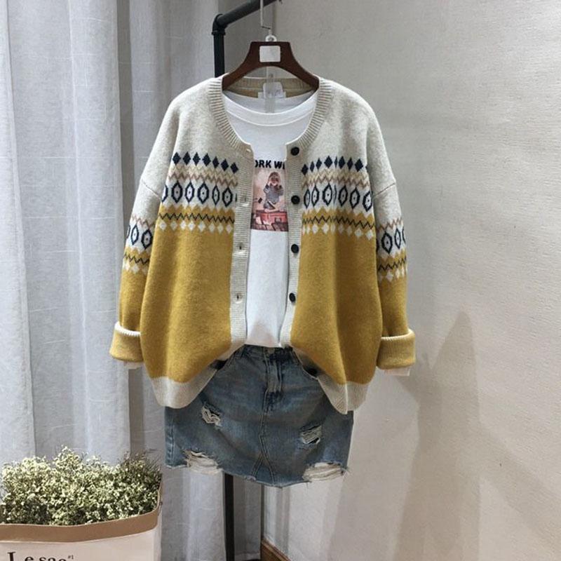 Весна Осень Винтаж Жаккард Круглый Вырез Вязаный Кардиган Женский Дикий Плюс Размер Свитер Пальто