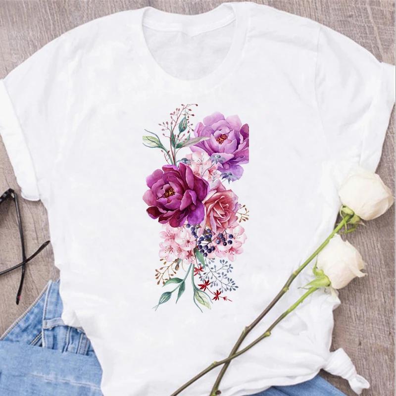 Red Rose Print Women T Shirt Summershort Sleeved Round Neck Harajuku Korean Style Graphic Tops Kawaii Female T-shirt Tops
