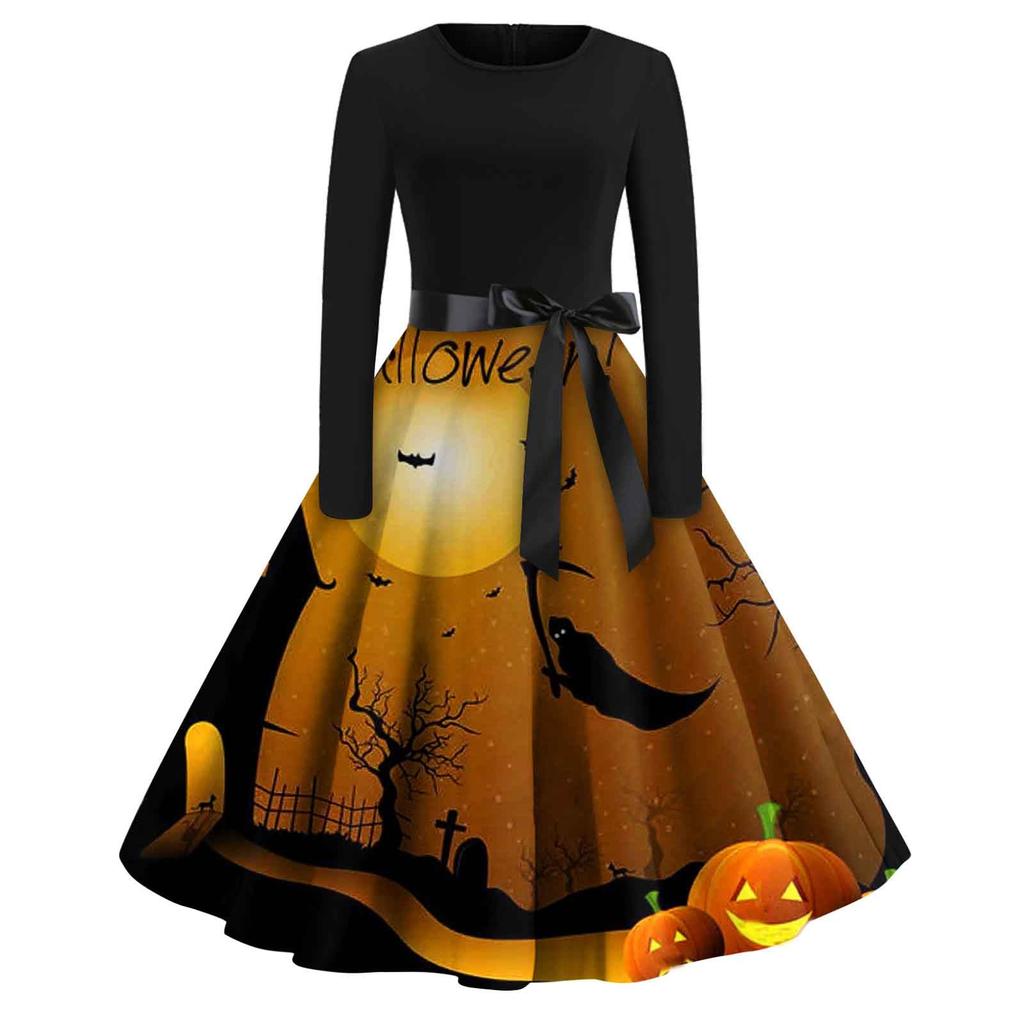 Women's Fashion Round Neck Casual Slim Fit Halloween Printed Long Sleeve Dress