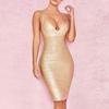 Summer Gold Bandage Dress Women V-Neck Sleeveless Bodycon Club Midi Celebrity Evening Party Gown
