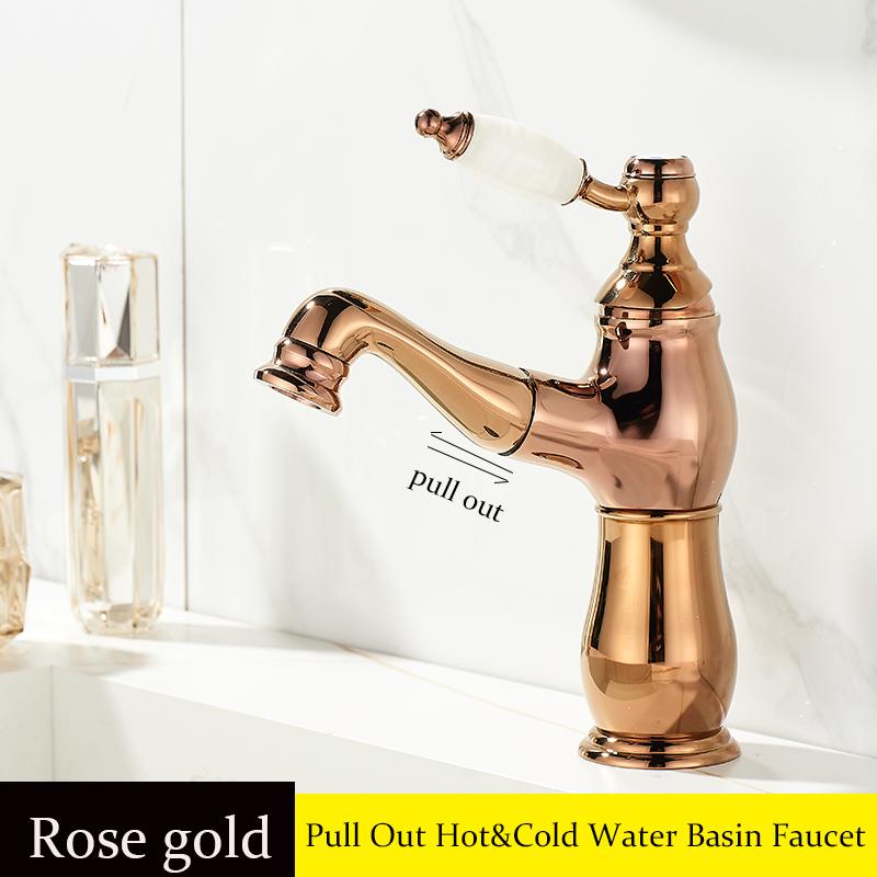 BAKALA Pull Out Bathroom Basin Sink Faucet Hot Cold Water Mixer Tap Golden Faucets Crane with Spray Tall Bathroom Faucet