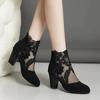2024 New Square Root Women's Shoes Fashion Office Boots Back Zipper Ankle Boots Women's Floral Lace Pointed Toe Women's Shoes